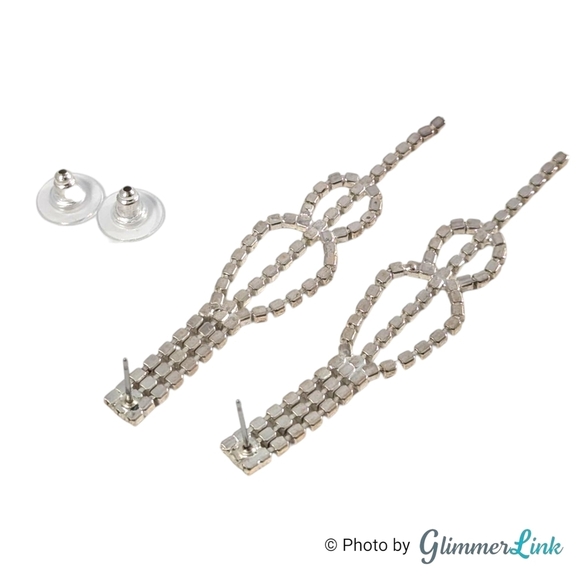 Art Deco Style Long Clear Rhinestones Silver Tone Pierced Earrings - Picture 4 of 5